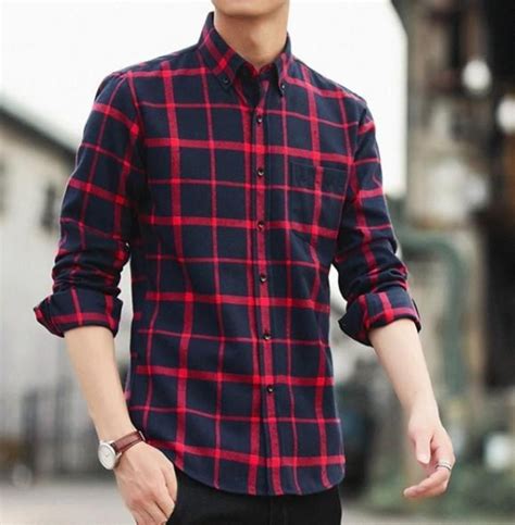 Mens Long Sleeve Checkered Cotton Shirt In Red Checkered Shirt Outfit