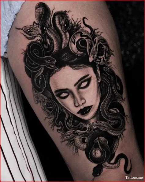 a woman with a snake on her head is shown in black and white tattoo art