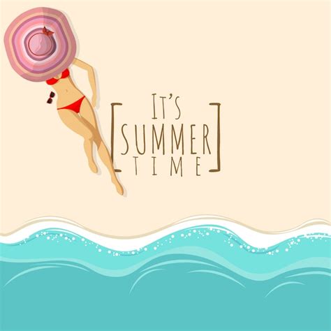 Fond De Vue De Dessus De Plage Avec Une Femme Sexy En Bikini Rouge Vecteur Premium