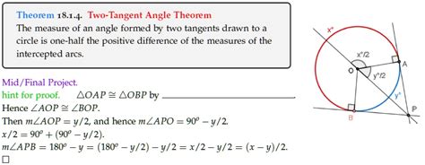 SOLVED: Theorem 18.1.4: Two-Tangent Angle Theorem The measure of an ...