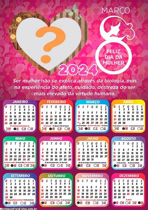 Mensagem Montagem de Foto Calendário 2024 Frase Dia da Mulher Colagem