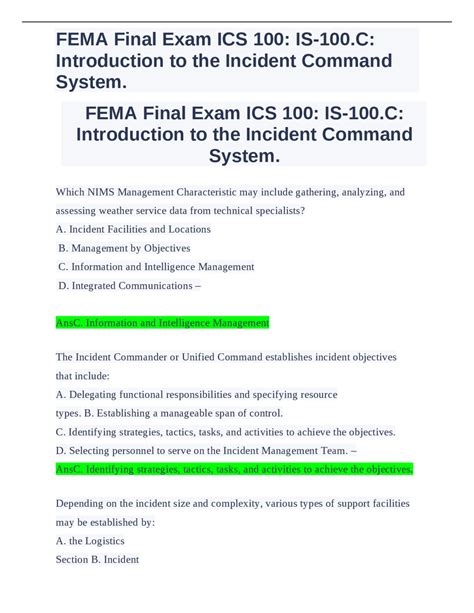 FEMA Final Exam ICS 100 IS 100 C Introduction To The Incident Command