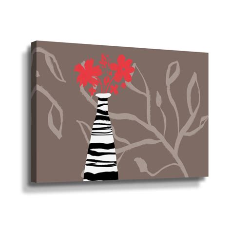 Winston Porter Red Flowers In Striped Vase On Canvas Print Wayfair