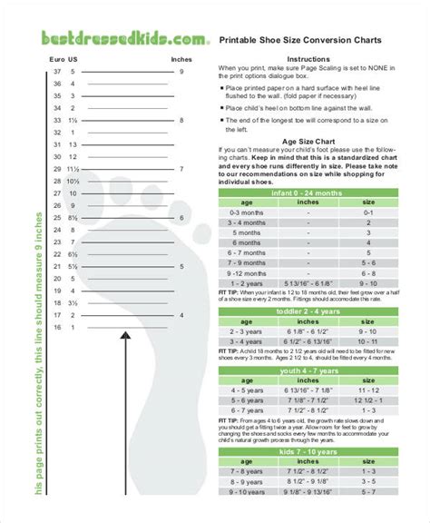 Printable Kids Shoe Size Chart Us