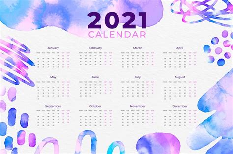 Calendario De Año Nuevo 2021 En Acuarela Vector Premium