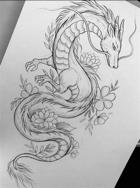 A Drawing Of A Dragon With Flowers On It