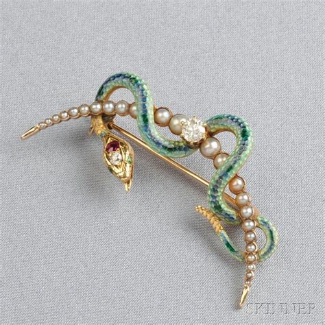 Antique Gold Enamel And Split Pearl Snake Brooch Art Nouveau