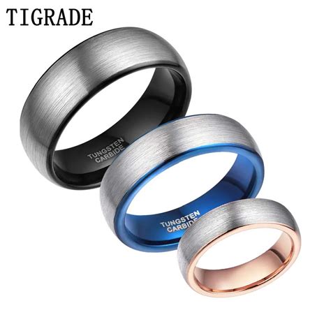 6mm High Polished Brushed Tungsten Carbide Ring Men Black Blue Rose Gold Inlay Domed Wedding