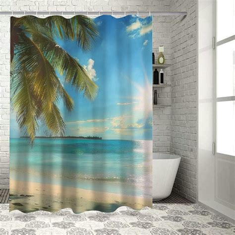 BCIIG Summer Shower Curtain Tropical Paradise Beach Coconut Palms