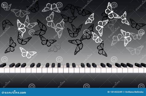 Piano Keyboard Banner Panoramic Front View With Butterflies Stock