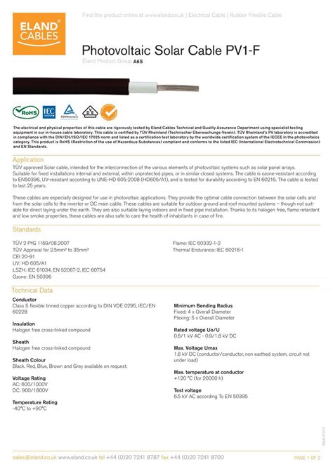 Photovoltaic Solar Cable Pv1 F Eland Cables