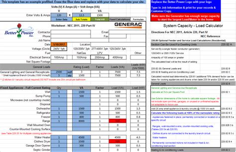 Generac Generator Load Calculation Worksheet