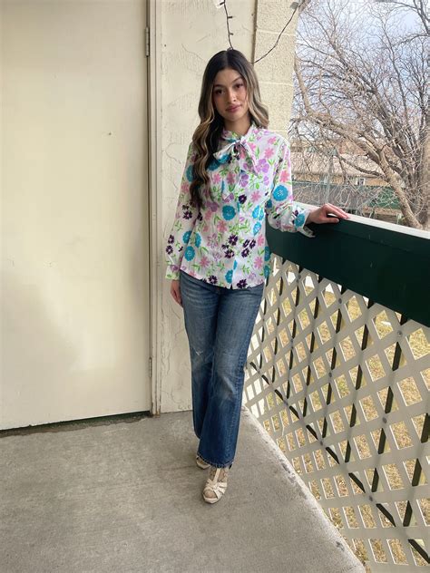 Vintage S Pussy Bow Puff Sleeve Sleeve Floral Flower Power Pretty Blouse Etsy