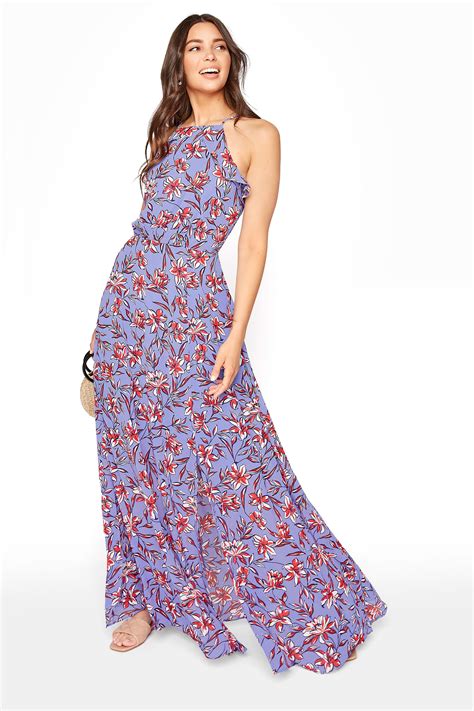 Purple Floral Ruffle Neck Chiffon Maxi Dress Long Tall Sally