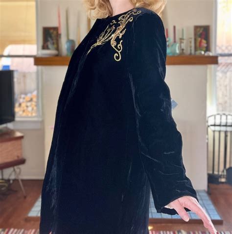 1940s Black Velvet Swing Coat With Gold Sequins Gem