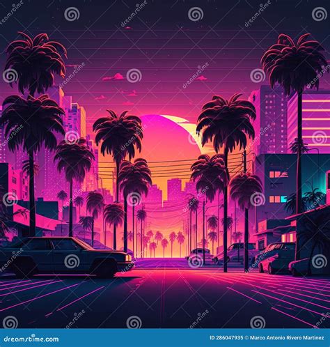 Retro City Street with Neon Lights Stock Illustration - Illustration of ...