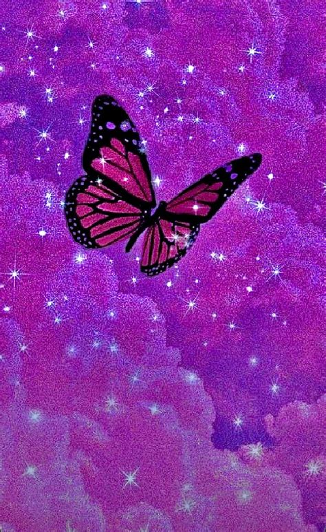 A Pink Butterfly Flying In The Sky With Stars On It S Back And Purple