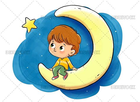 ilustracion de  nino sentado en la luna mirando una estrella