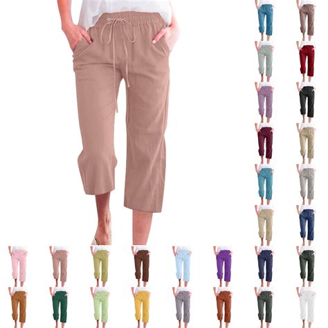 Dyegold Capris For Women Casual Summer Cotton Linen Cropped Pants