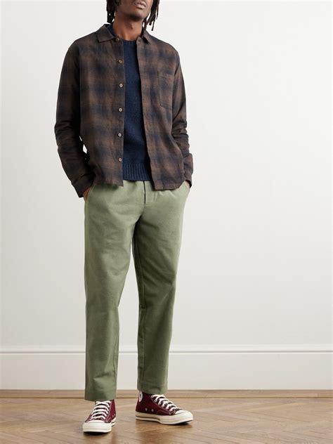 Folk Assembly Cropped Tapered Washed Cotton Moleskin Trousers For Men