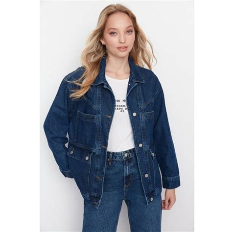 Trendyol Dark Blue Pocket Detailed Oversize Denim Jacket EPonuda