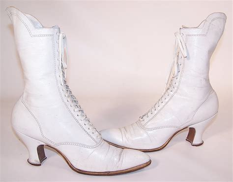 Victorian Vintage White Leather High Top Lace Up Spool Heel Lift Boots Size 7