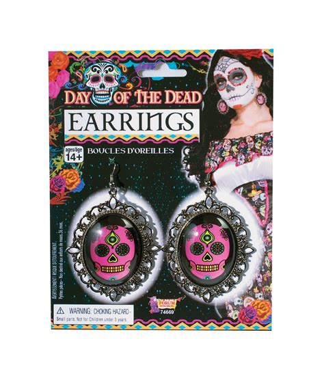 Day of the Dead Women Earrings with Molded Skulls - Costume Accessories