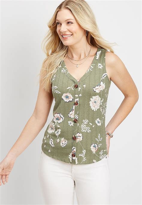 Floral Rib Knit Button Front Tank Maurices Floral Tops Floral Prints