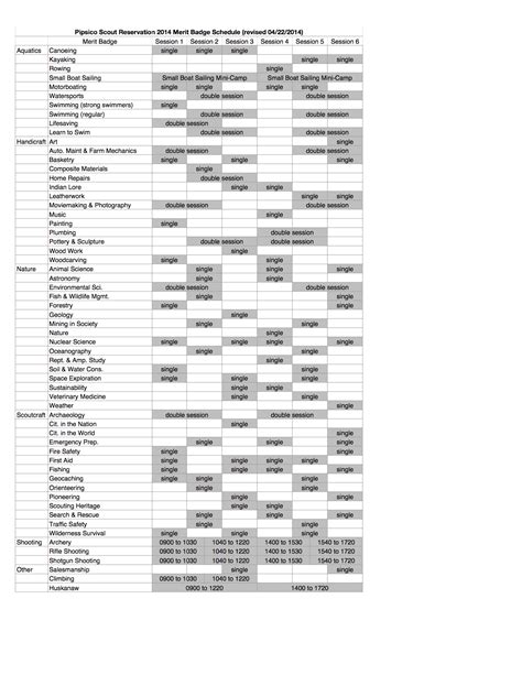 2014 Merit Badge Schedule Pipsico BSA Worksheets Library