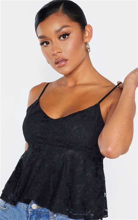 Black Lace Peplum Strappy Cami Top Tops Prettylittlething Usa