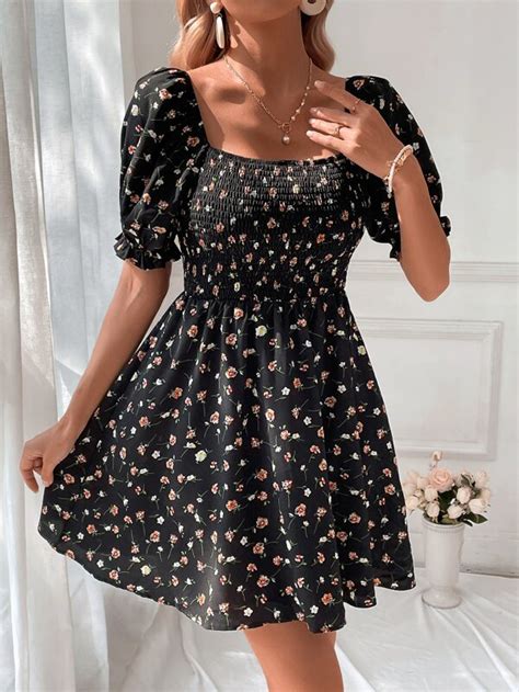 Shein Vcay Ditsy Floral Print Square Neck Puff Sleeve Dress Shein Usa