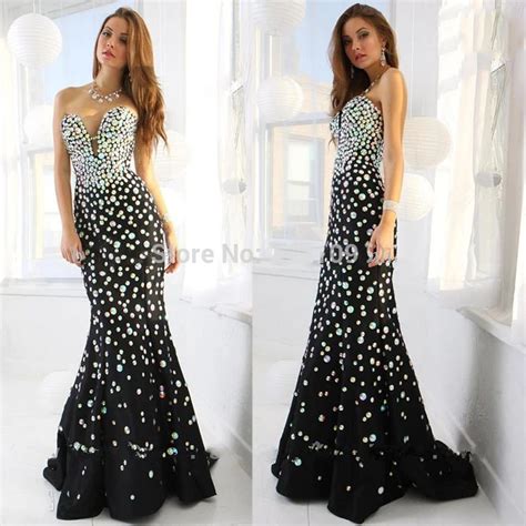 Sexy Long Crystal Mermaid Evening Dresses Black Formal Floor Length