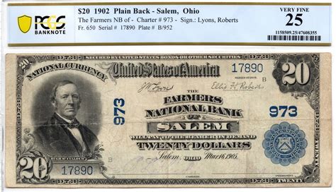 1902 Twenty Dollar Farmers National Bank Of Salem Ohio Note Etsy