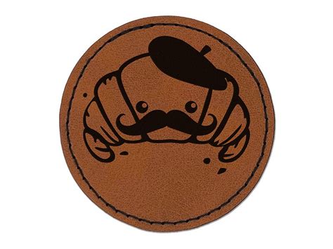 Cute Kawaii French Croissant With Beret And Mustache Round Iron On Engraved Faux Leather Patch