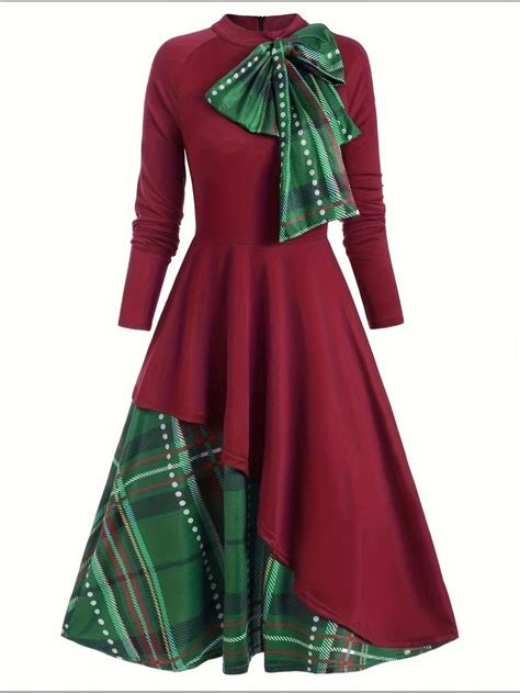 Temu｜plaid Print Splicing Bow Tie Dress Elegant Long Sleeve Midi Dress