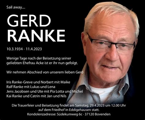 Traueranzeigen Von Gerd Ranke Trauer Anzeigen De