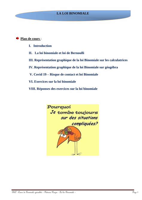 PDF LA LOI BINOMIALE Plan De Cours II La Loi Binomiale Et Loi