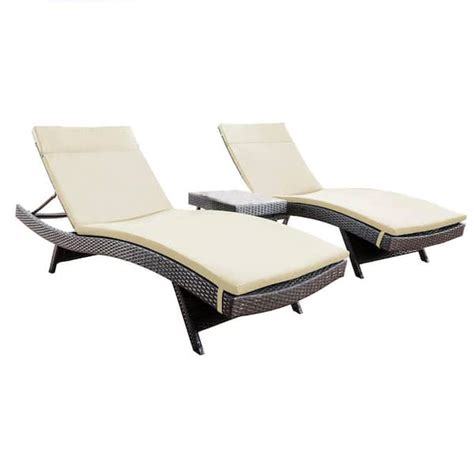 Noble House Miller Grey 3 Piece Faux Rattan Outdoor Chaise Lounge And