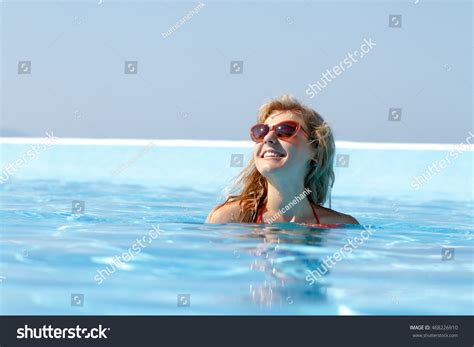 Happy Blonde Woman Swimming Pool Hotel Stock Photo Shutterstock