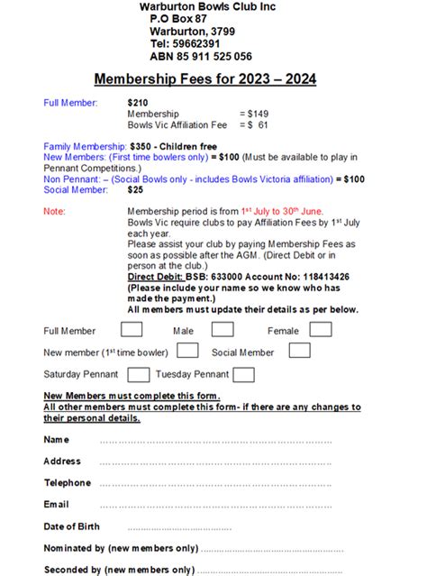 2024/25 Membership Form - Warburton Bowls Club