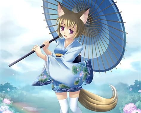 Water Spirit Nekomimi Kitsune Neko Umbrella Anime Raining Yukata