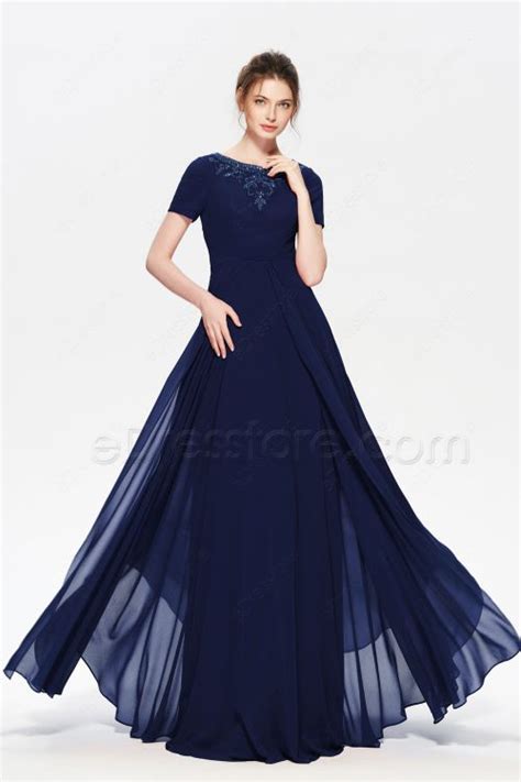 Navy Blue Modest Beaded Bridesmaid Dresses With Sleeves Edresstore