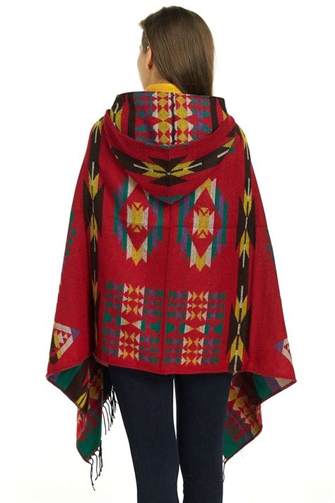 Women S Aztec Winter Hooded Poncho Cape Sweater Knit Shawl Wrap Red C3128tj2oof Hooded