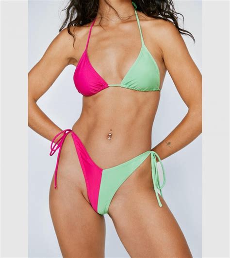 Buy Nasty Gal Recycled Color Block Triangle Tie Up Bikini Set In Green