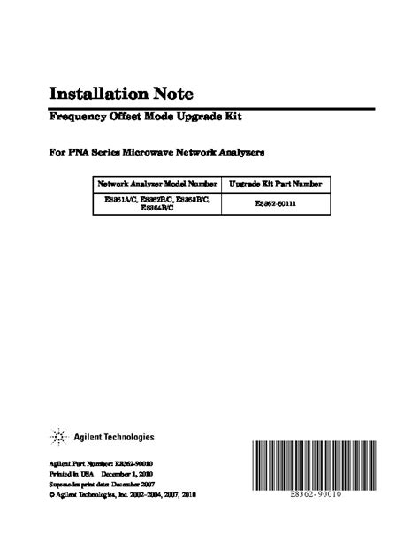 Installation Note Frequency Offset Mode Upgrade Kit For Pna