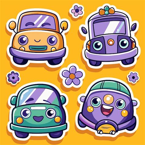 Caros Coches De Dibujos Animados Con Ojos Grandes Y Caras Sonrientes