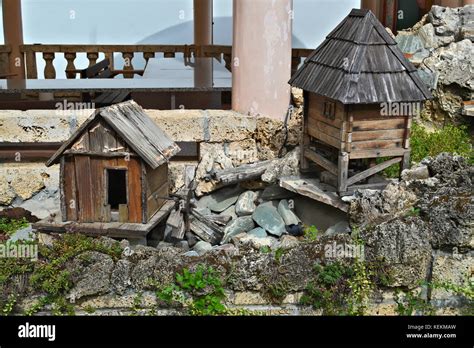 Two small wooden model houses, mini landscape Stock Photo - Alamy