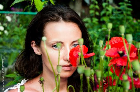 Sexy Girl With Poppy Seed Flowers Beauty And Perfection Summer Flower Green Garden Beautiful