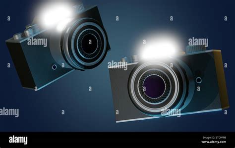 3d Rendering Of Two Flashing Cameras Are Floating In A Black Background