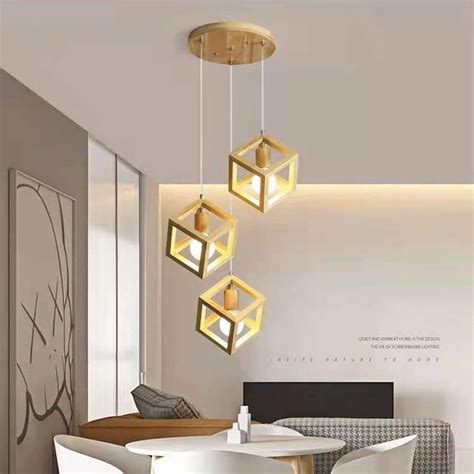 Lampara Colgante Madera Tres Figuras Geometricas Cuadrado Tienda Led